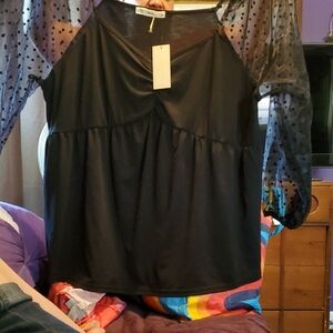 Cato Black Blouse with Sheer Polka Dot Sleeves